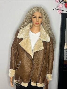 Tan Leather Aviator Jacket with Cream Shearling Sz S